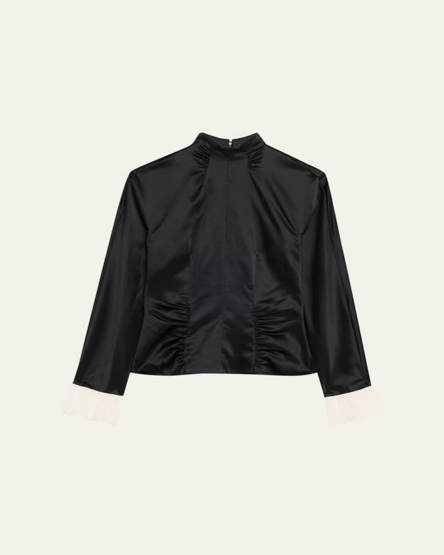 Ruched Satin Long-Sleeve Top